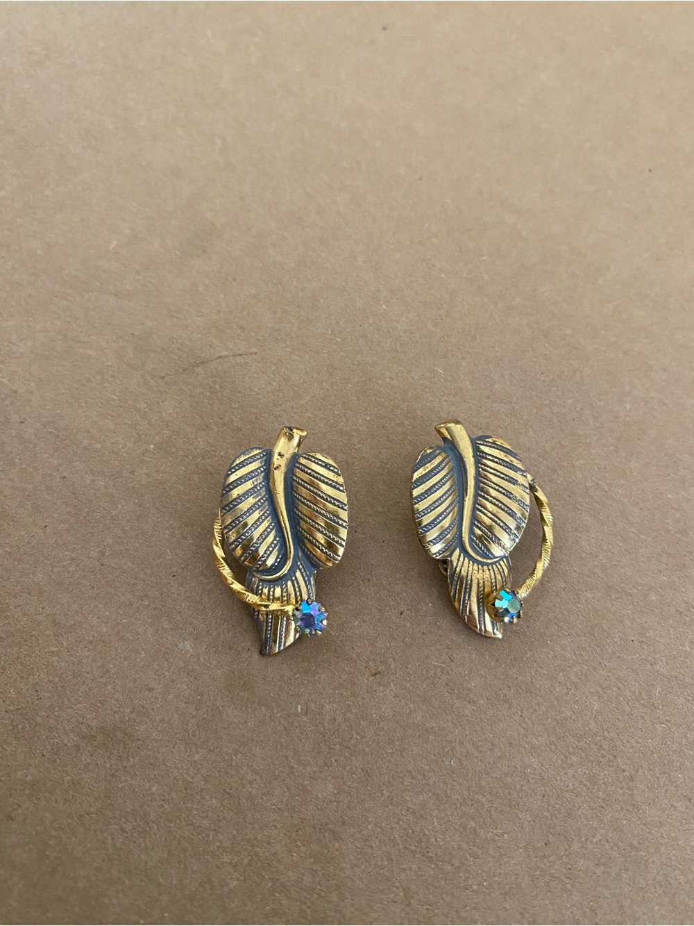 Vintage "Germany" Marked Earrings MCM Leaf Design Clip Ons Gold Tones, Blue Gem